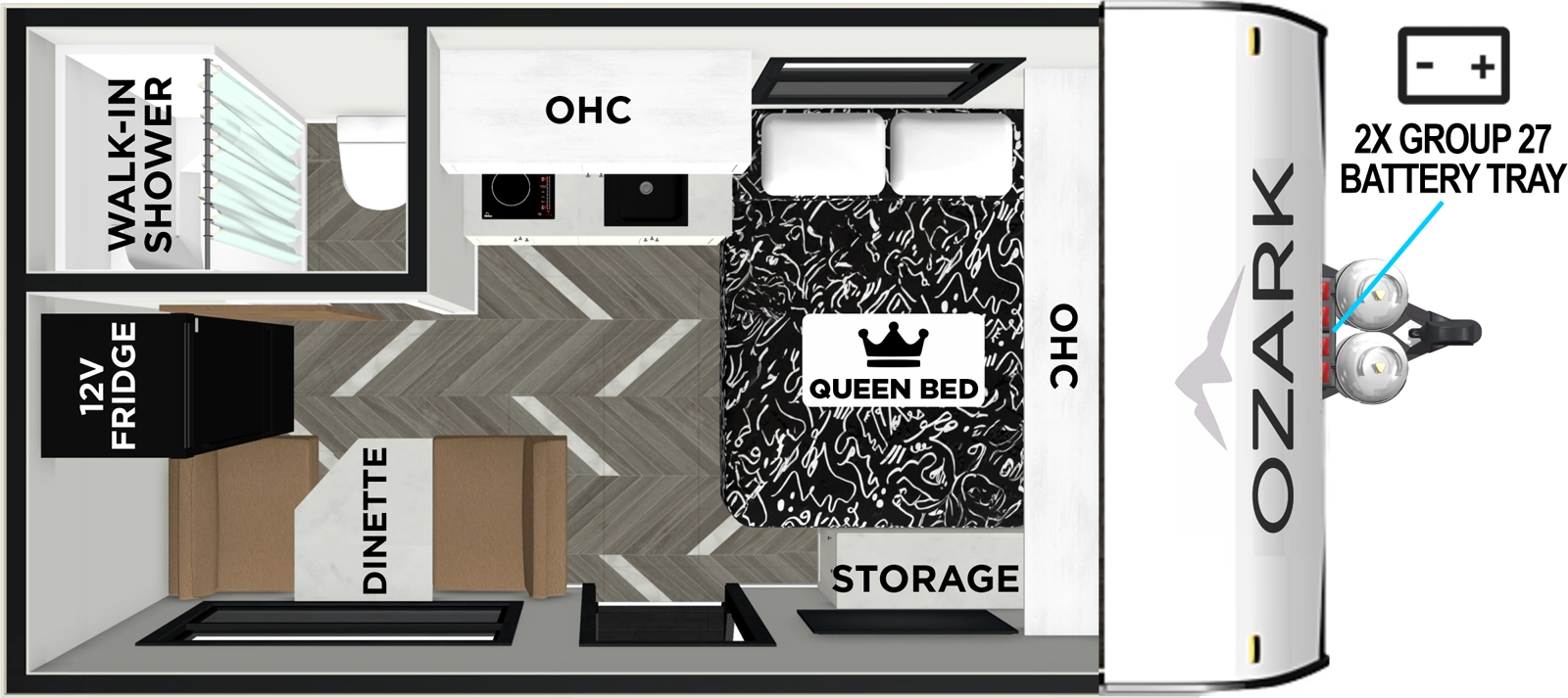 The Ozark 13RD floorplan has one entry and zero slide outs. Exterior features include: metal exterior. Interiors features include: front bedroom.